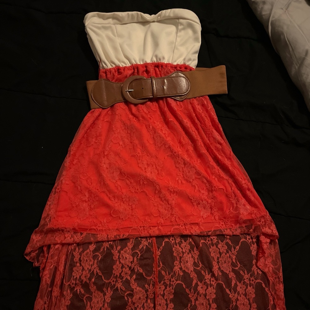 Strapless white and coral pink dress